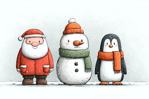 Cute Santa, snowman, and penguin standing together in snowy wint, a Person Photo by José Manuel Gelpi