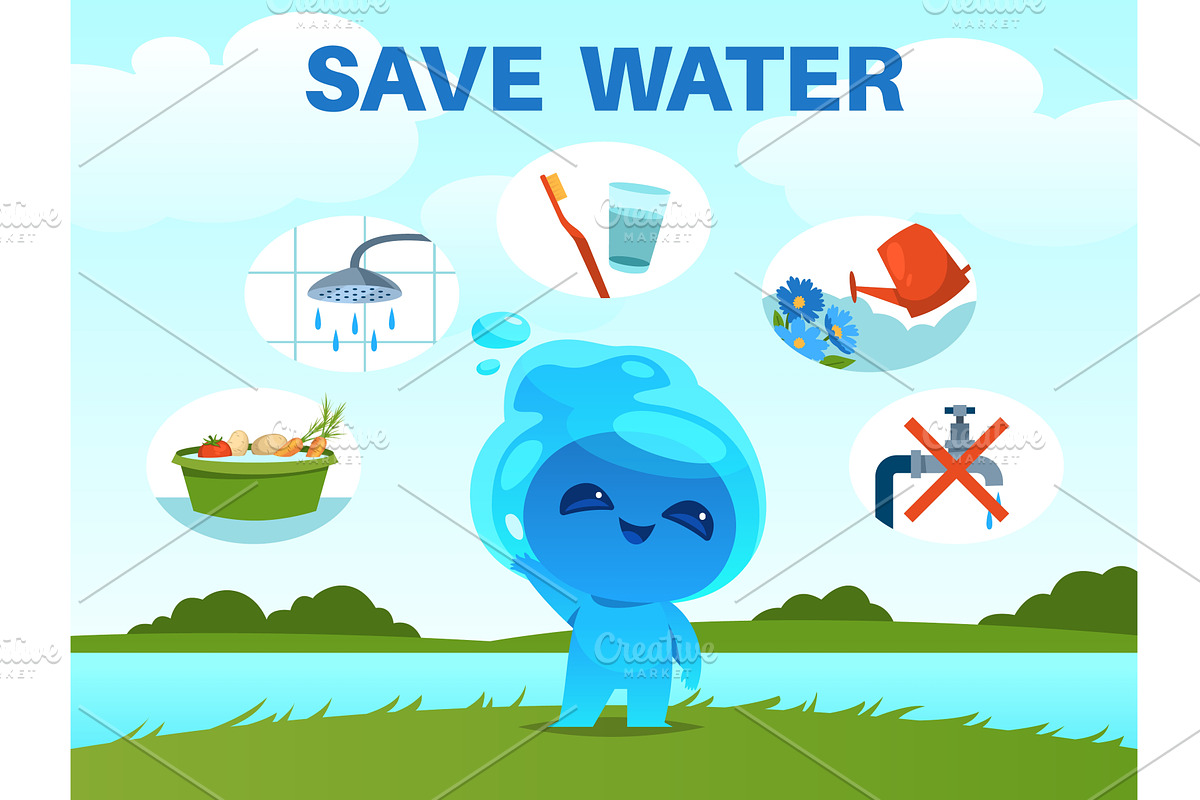 Save water. Cartoon drop character, a Food Illustration by YummyBuum