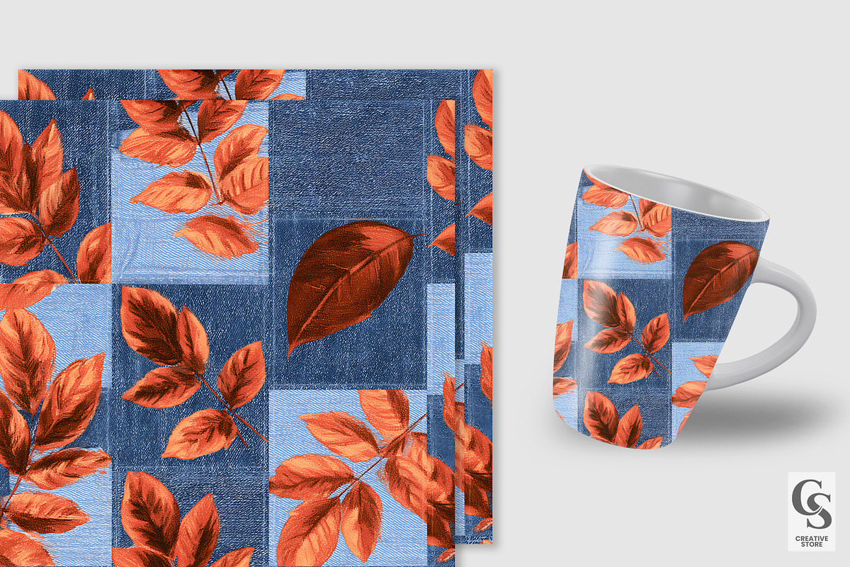 Fall Denim Patchwork Leaves Paper, a Pattern Graphic by Creative Store (Photo 3 of 5)