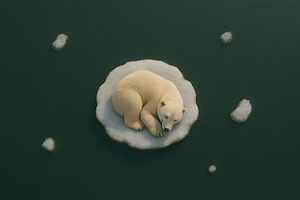 Polar bear curled tightly on isolated round ice floe, an Animal Photo by GoodGoods