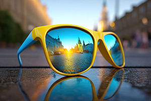 Colorful sunglasses reflect a beautiful sunset over the city square, a Beauty & Fashion Photo by AlyaAnd