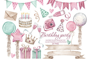 Watercolor Birthday Party Clipart, an Object Graphic by AquarelleSpace
