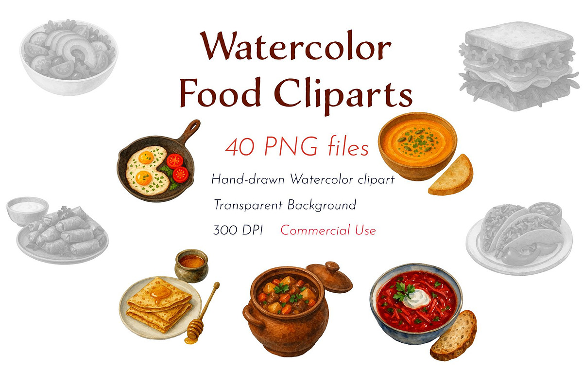 40 Watercolor Food Clipart, an Illustration by GeoWander (Photo 1 of 5)