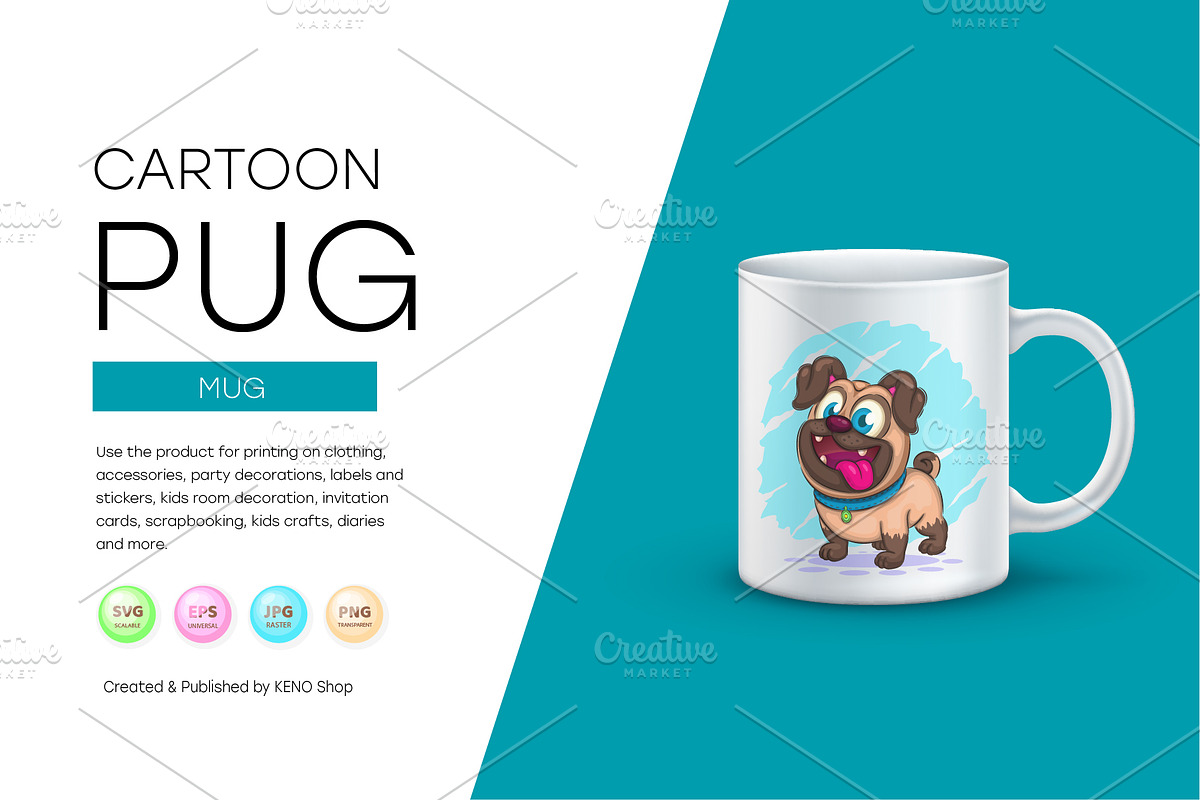 Cute cartoon pug, Tshirt, PNG., an Animal Illustration by KENO Mascots (Photo 2 of 6)