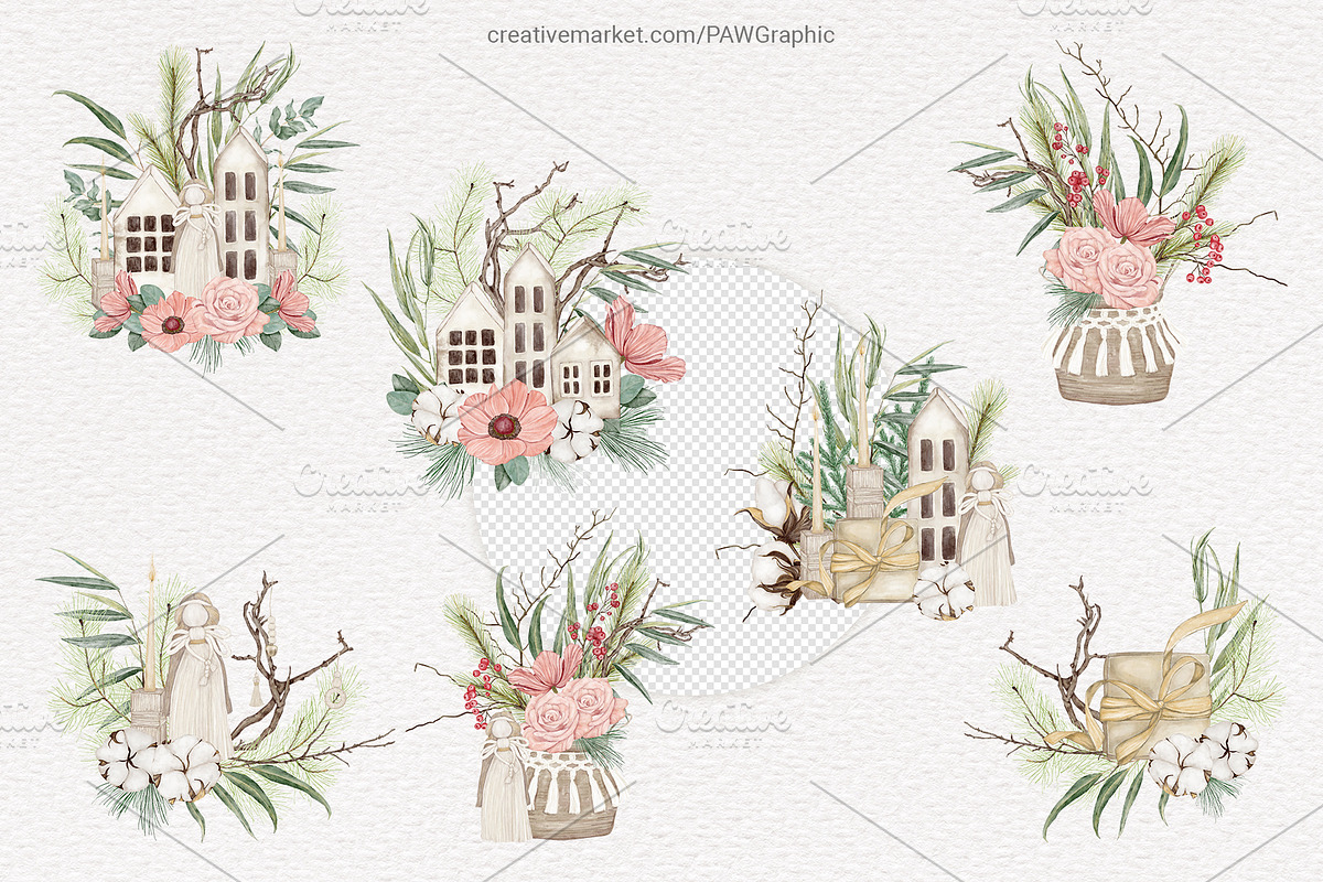 Christmas Boho Cards Bouquets Wreath, an Illustration by PawGraphic (Photo 3 of 10)