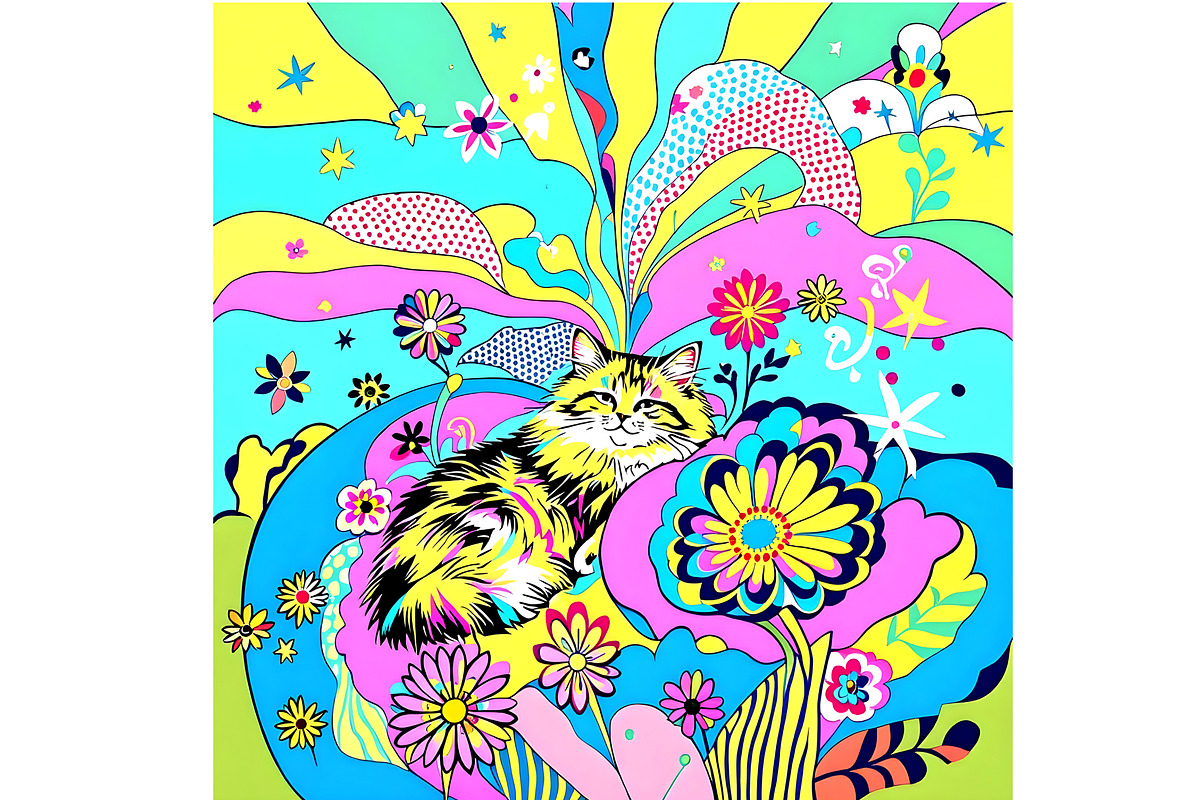 Cat in a Dream Retro 70s, an Animal Illustration by Sharon Schwalbe