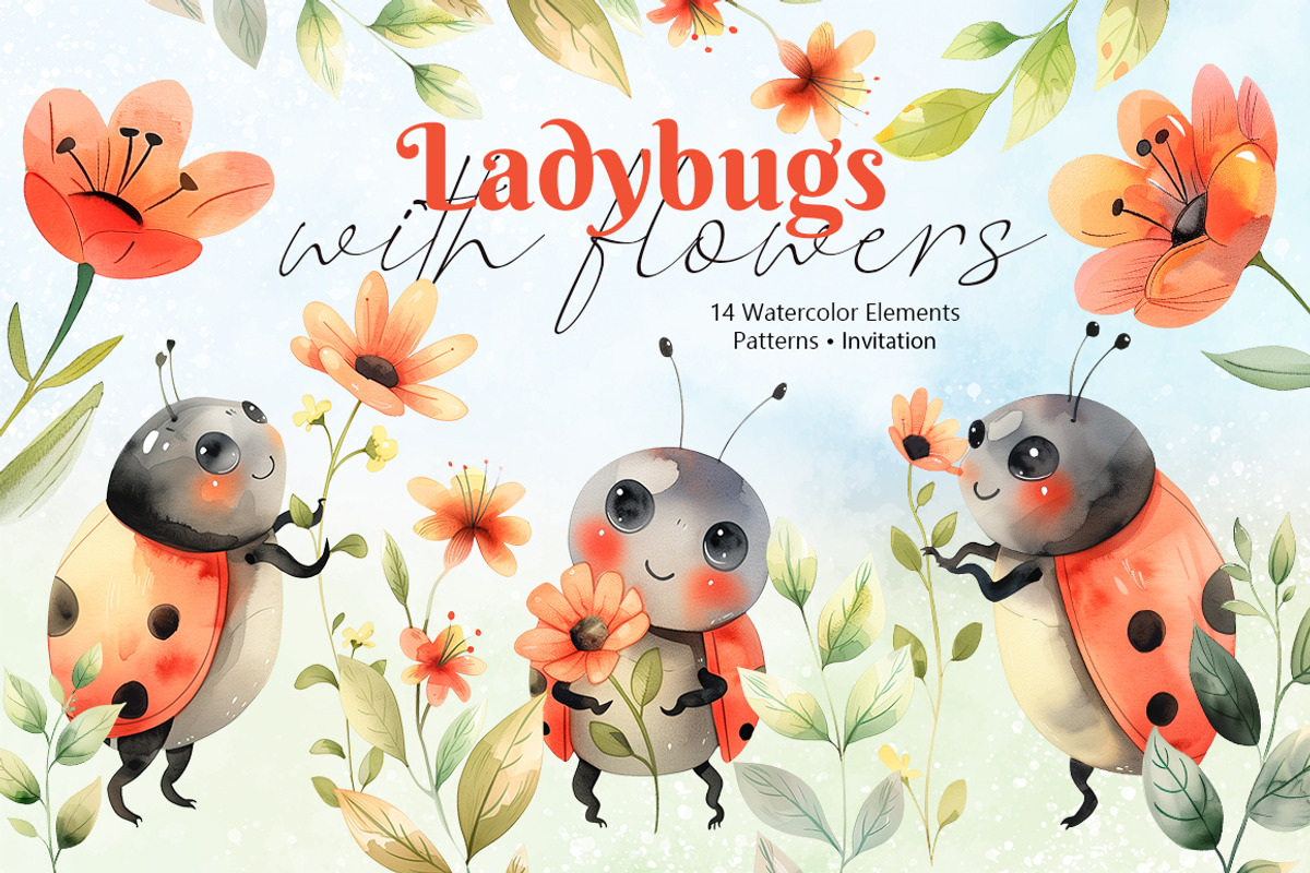 Watercolor Ladybugs with flowers set, an Animal Illustration by AlineArtStore (Photo 1 of 8)