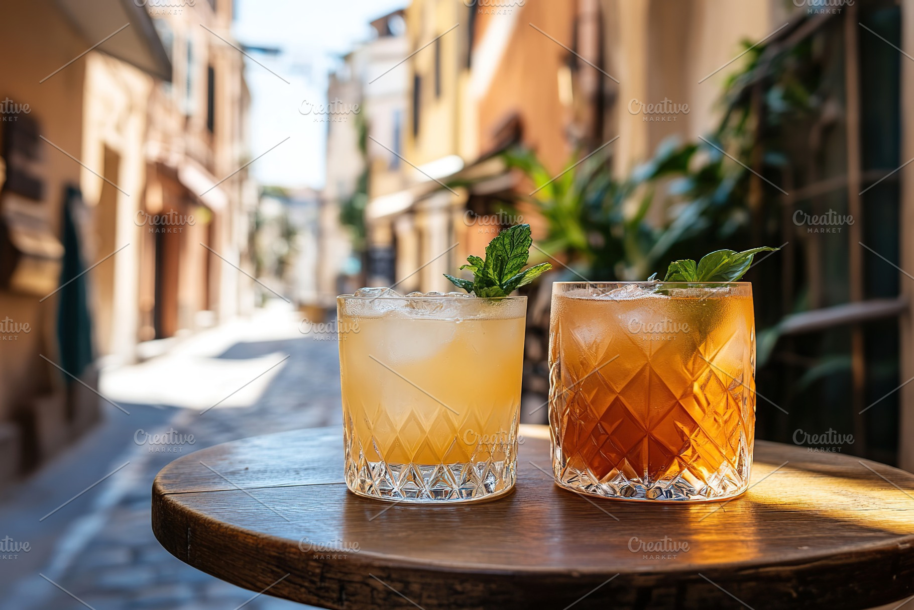 Alcoholic cocktails with ice cubes on table of italian sidewalk cafe, a Photo by AlyaAnd