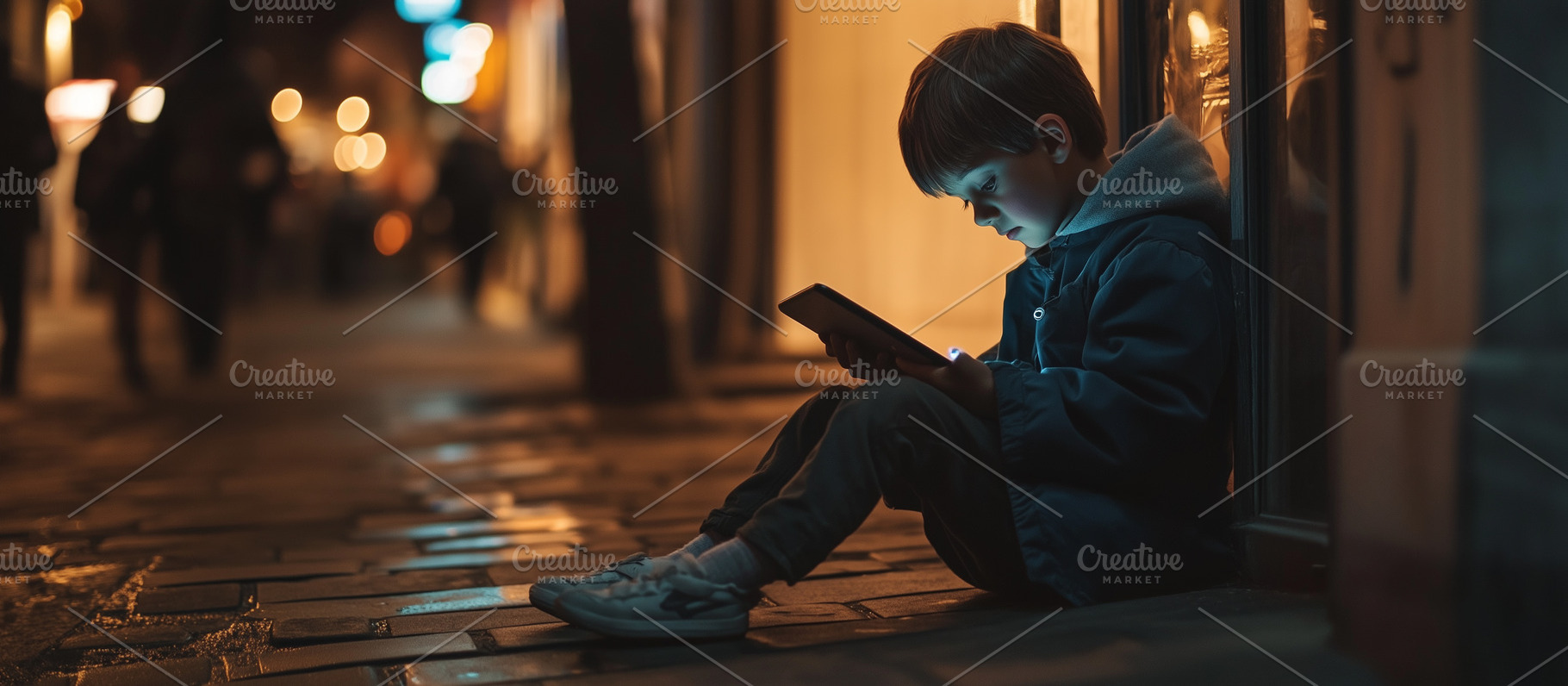 Young boy sits alone on a city, a Photo by MistyDay