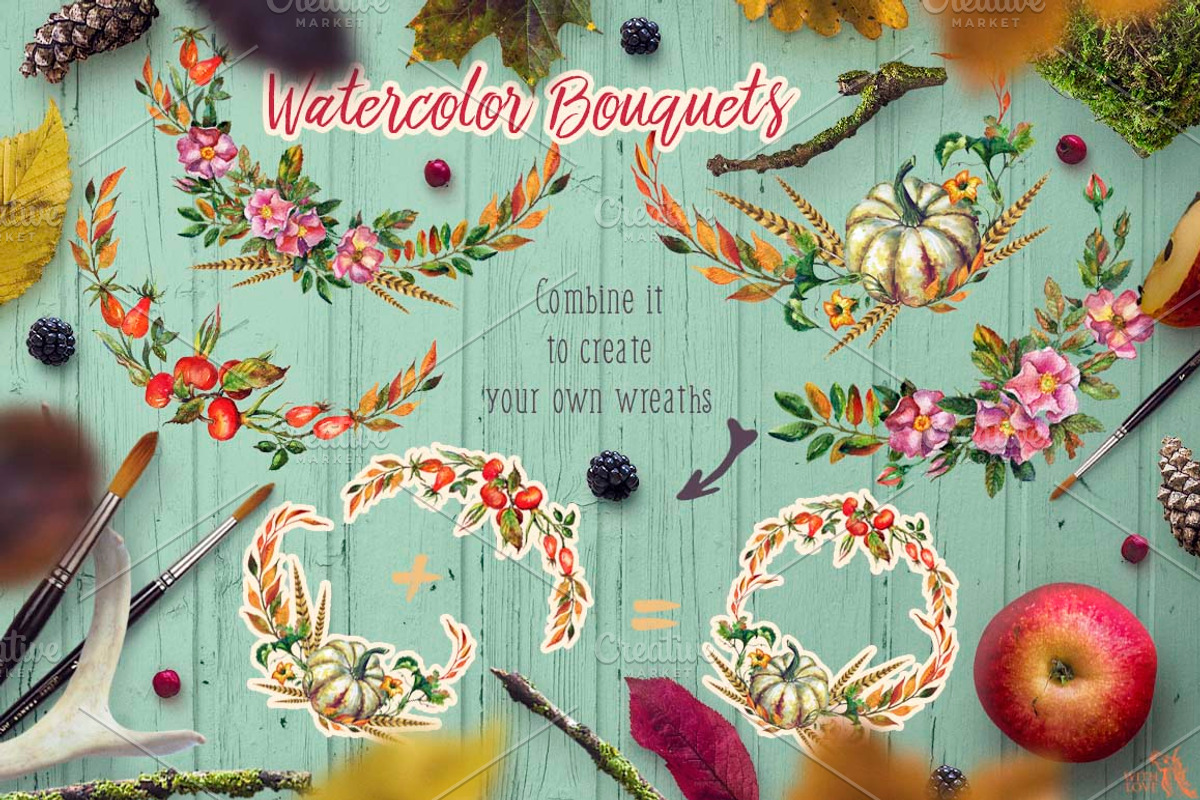 Watercolor Rosehip & Pumpkins Set, an Illustration by Fluffy Unicorn (Photo 4 of 9)