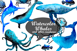 Watercolor whales & other creatures