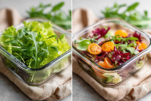 Fresh green salad and colorful topping preparation in a glass bowl on a linen c, a Food & Drink Photo by AlyaAnd