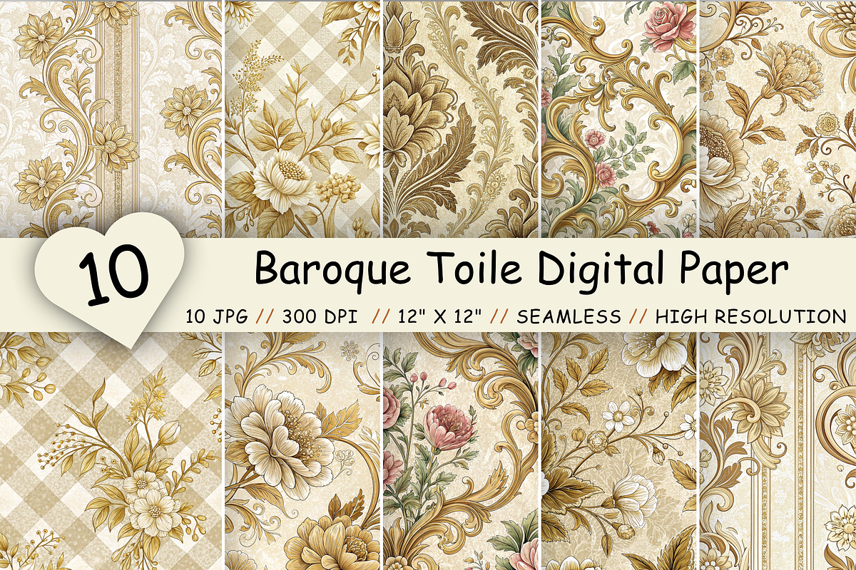 Baroque Toile Digital Paper Pack, a Pattern Graphic by FloridPrintables (Photo 1 of 10)