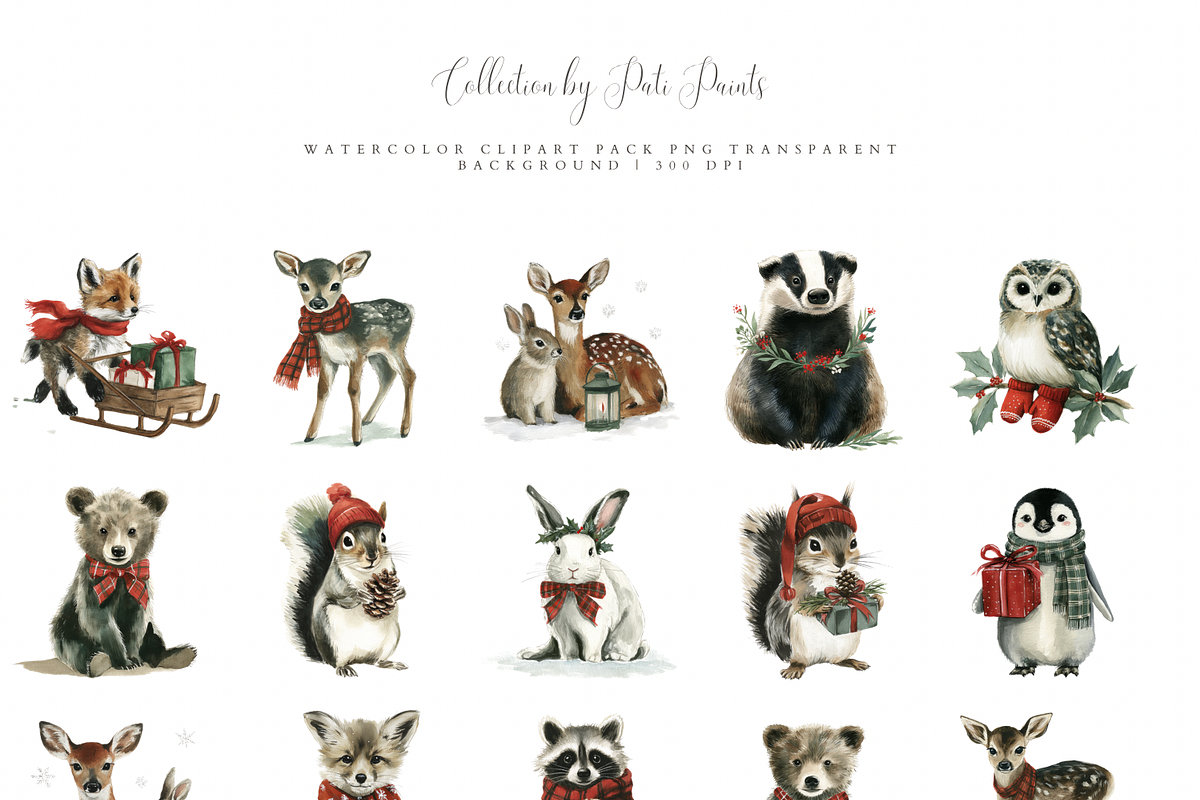 Christmas Forest Animals Clipart, a Decorative Illustration by Pati Paints (Photo 2 of 11)