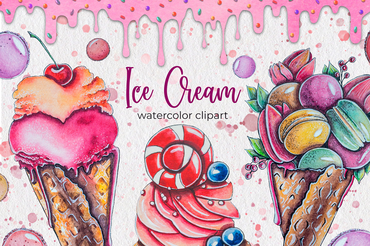Ice Cream watercolor clipart, a Food Illustration by AnastasiaWatercolor (Photo 1 of 8)