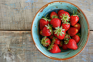 Flat lay of red strawberries in bowl on wooden table, a Food & Drink Photo by AlyaAnd