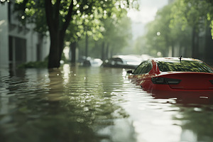 Flooded city streets with cars after heavy rain, a Photo by AlyaAnd