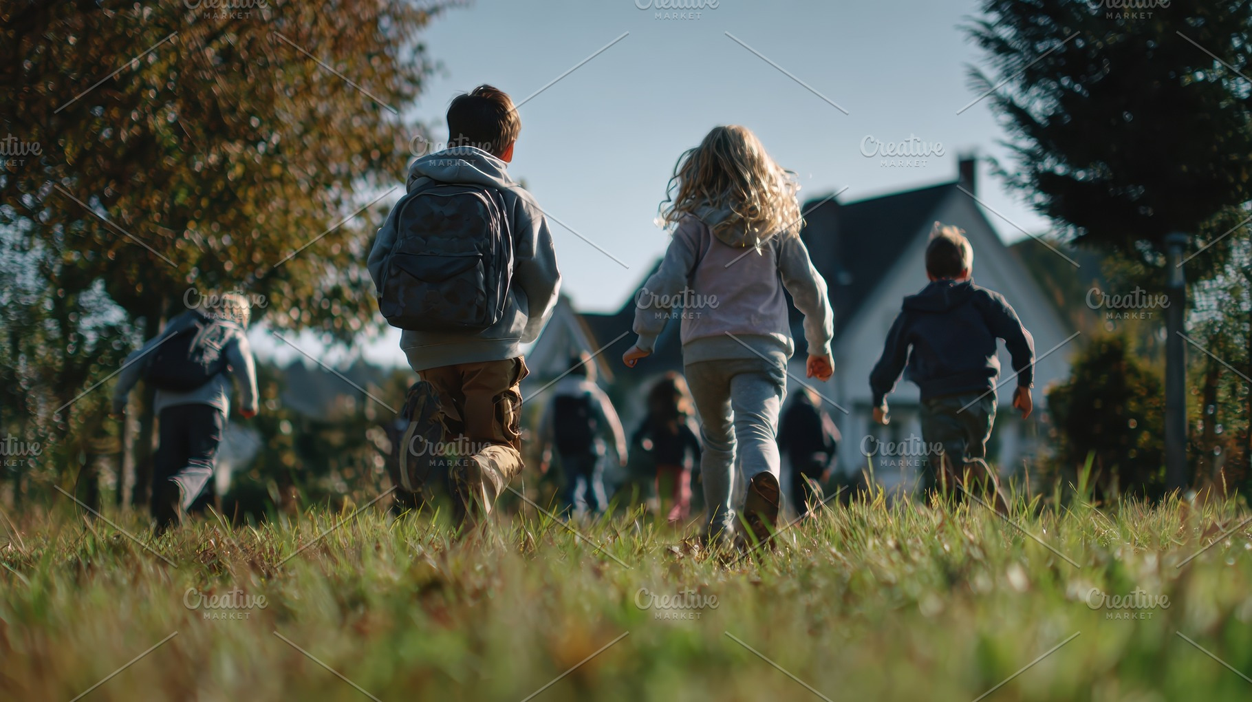 Children running outdoors autumn day, a Photo by Pixeness Studio
