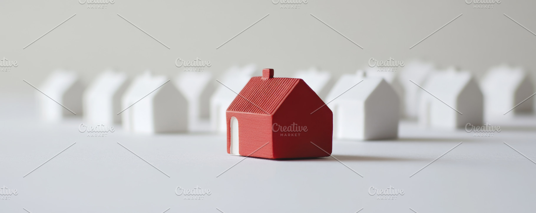 Bold Red House Stands Out Among Minimalist White Models, an Abstract Photo by Natalia Klenova's Shop