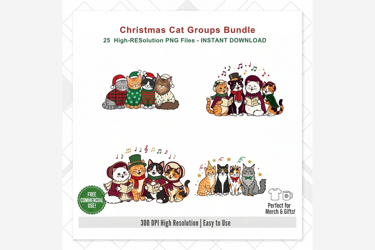 Christmas Cat Groups Clipart Bundle, a Seasonal Illustration by Tanya Kart (Photo 10 of 10)