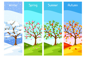 Four Seasons. Illustration Of Tree And Landscape In Winter, Spring, Summer, Autumn.