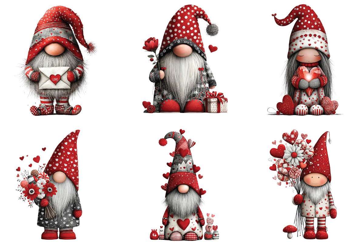 Whimsical Valentines Gnome Clipart, an Illustration by CraftArtStudio (Photo 2 of 6)