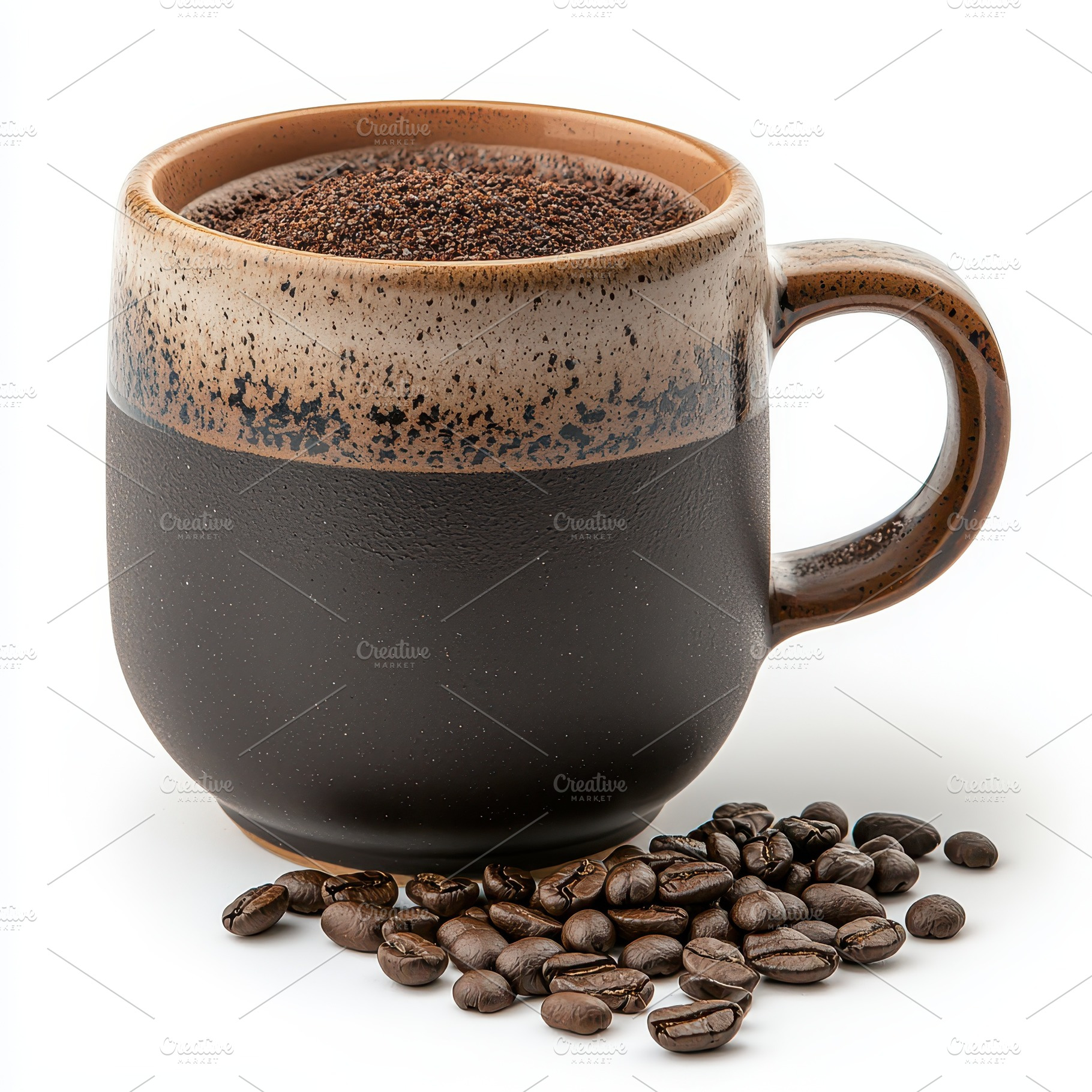 Dark ceramic mug filled with ground, a Food & Drink Photo by Pixeness Studio