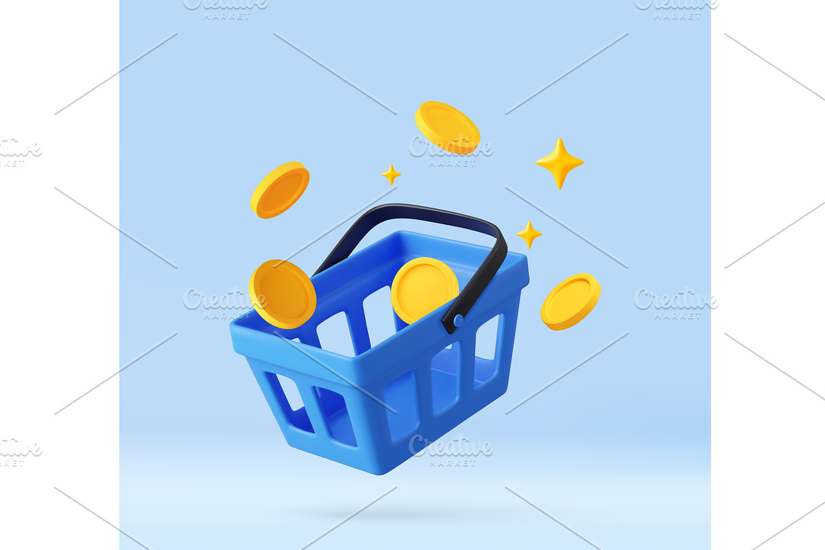 3D Shopping Basket with Coins and, a Finance Illustration by ModVector