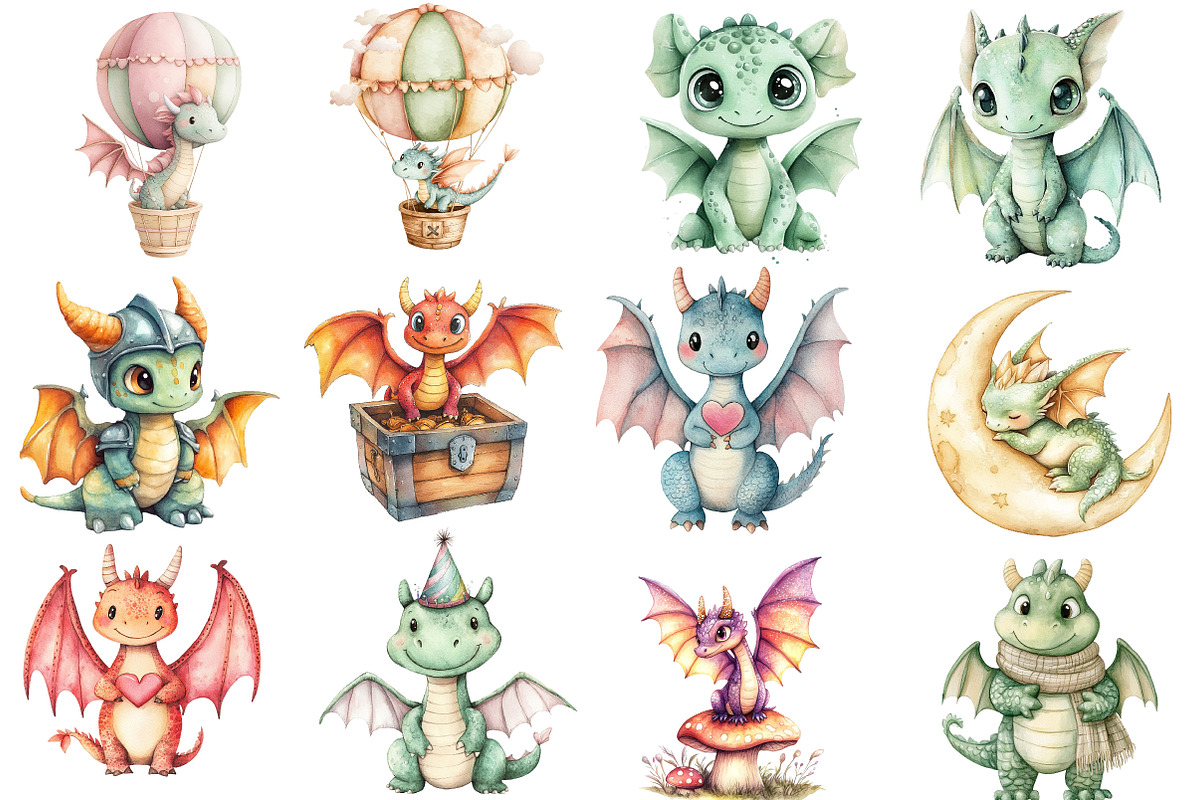 Dragons watercolor clipart, an Illustration by Watercolor design (Photo 2 of 5)
