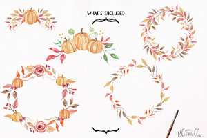 Pumpkin Wreaths Watercolor Fall