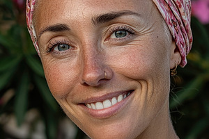 Smiling cancer survivor woman wearing pink headscarf in garden, a Person Photo by José Manuel Gelpi