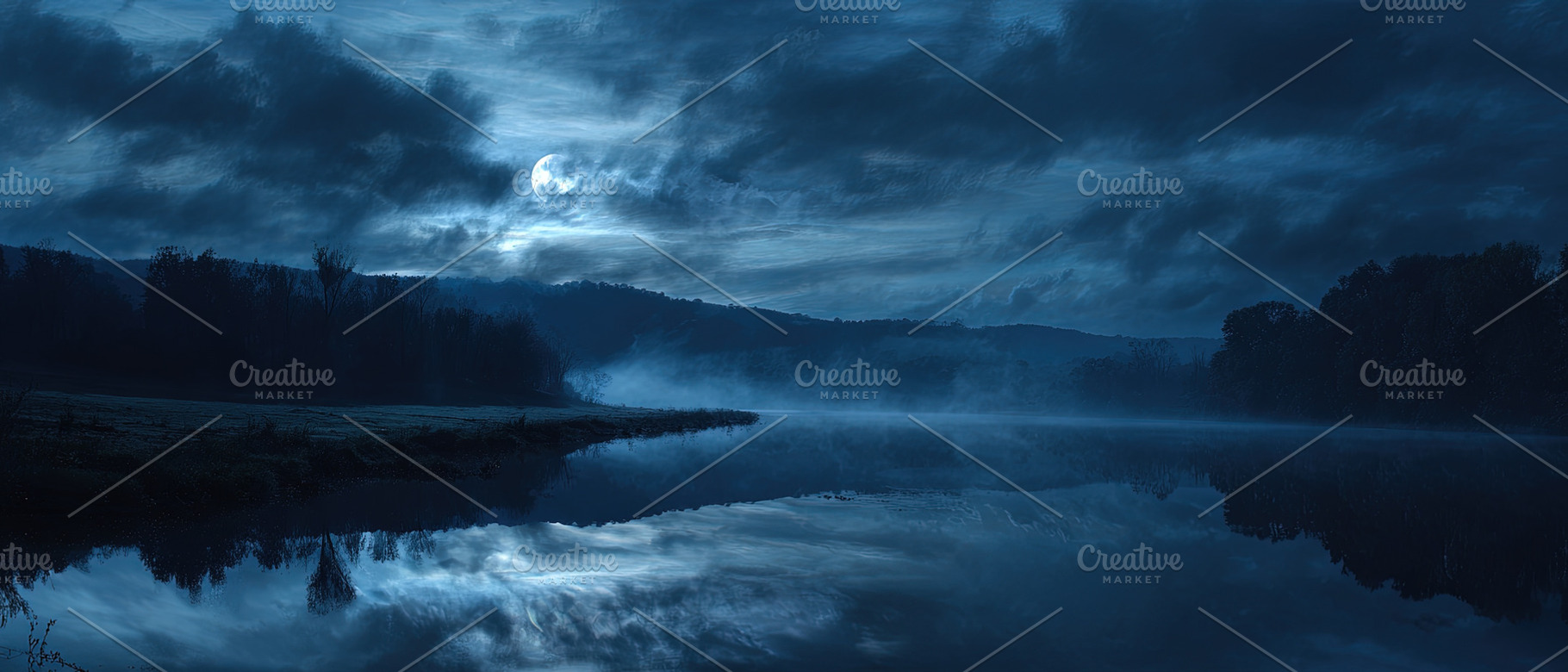 Serene night scene of a calm lake reflecting the full moon, mist, an Animal Photo by Ales Munt