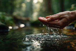 Hands cupping pure water from a fore, a Photo by Pixeness Studio