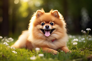 Pomeranian spitz on green grass in the park, an Animal Photo by AlyaAnd