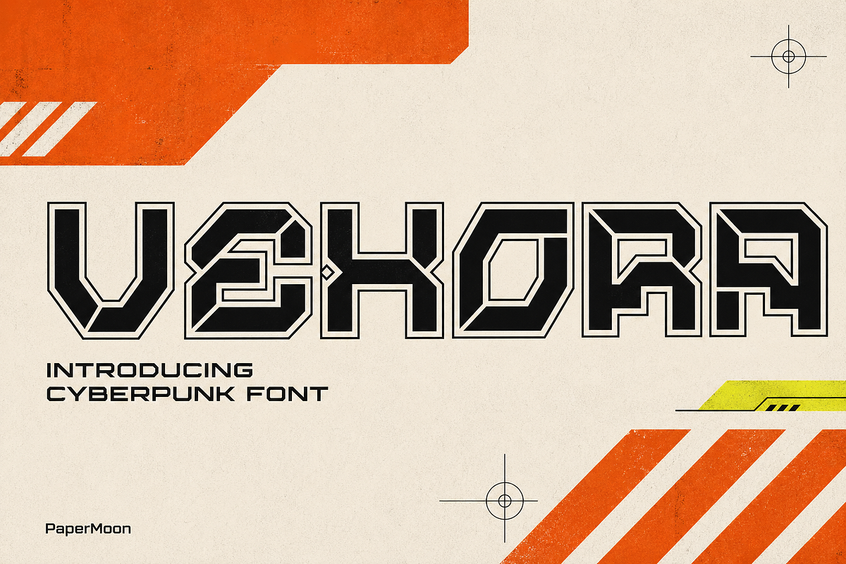 Vexora - Cyberpunk Display Font, a Sans Serif Font by PaperMoon (Photo 1 of 13)