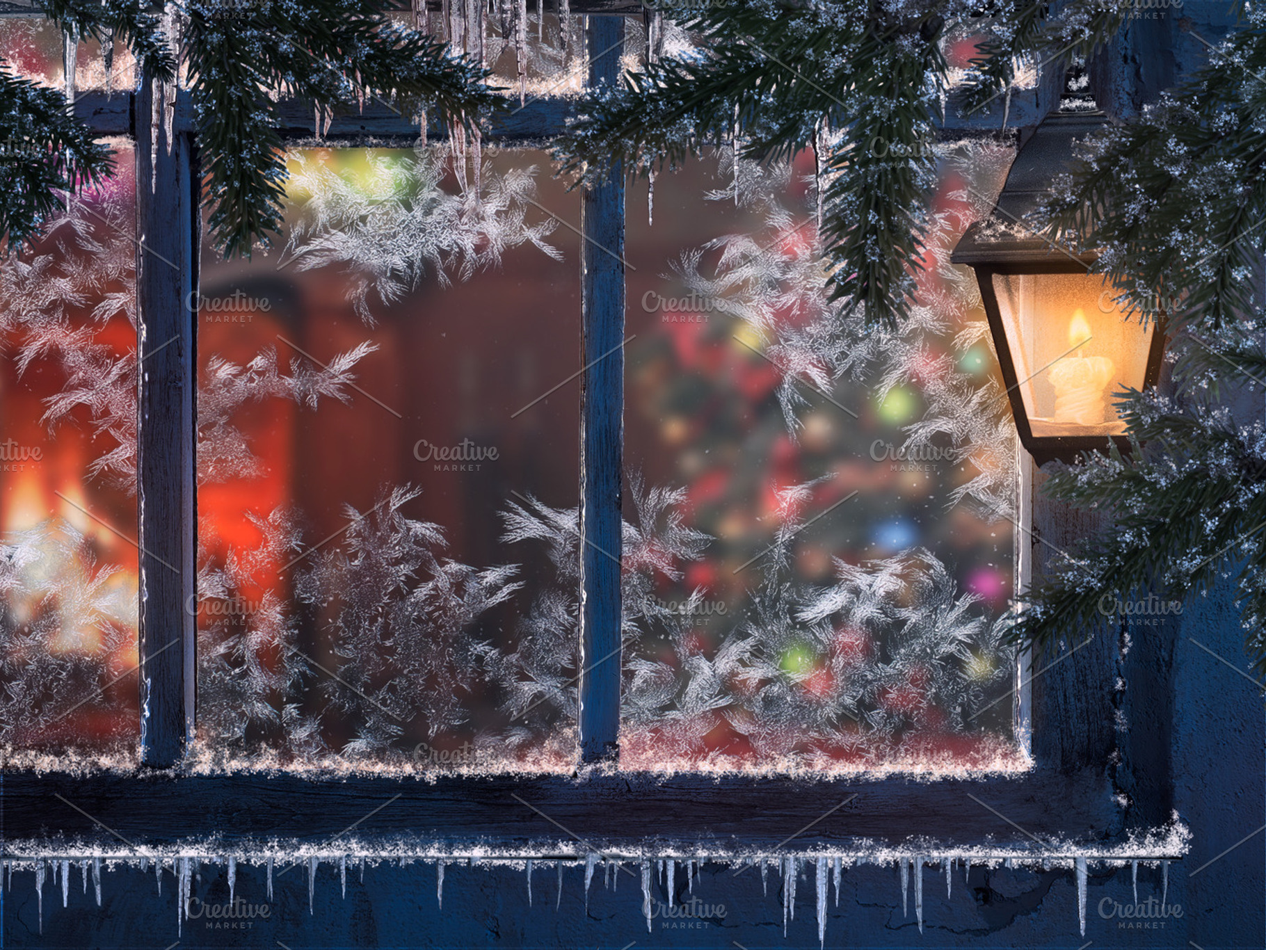 Beautiful Christmas window. Snow, lights a lantern, icicles. Through the window you can see the room with the fireplace and the Christmas tree, a Holiday Photo by Kozorog