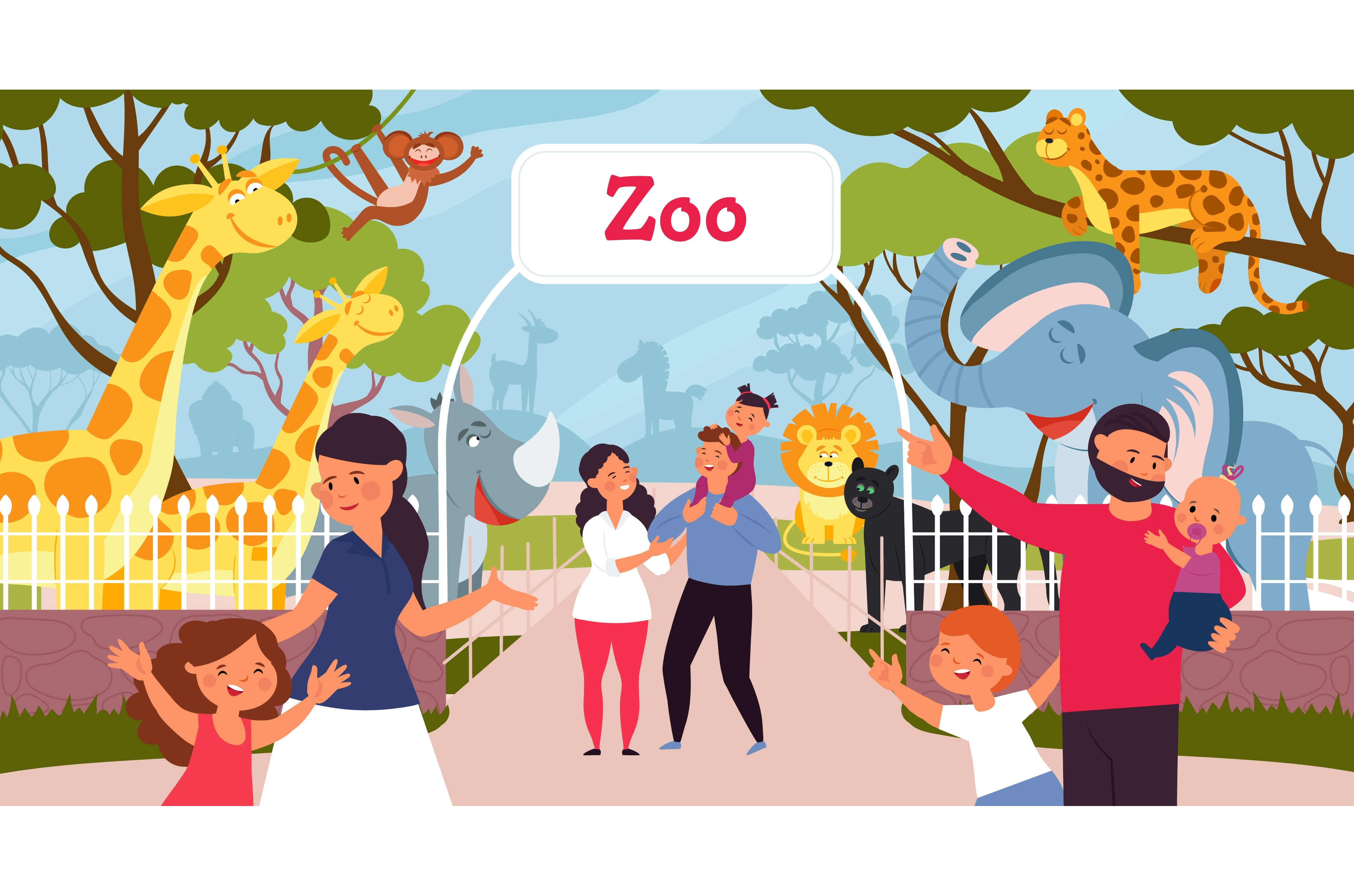 Family In Zoo. Smiling Cartoon Kids, A Background Graphic By Valerie Bodnar