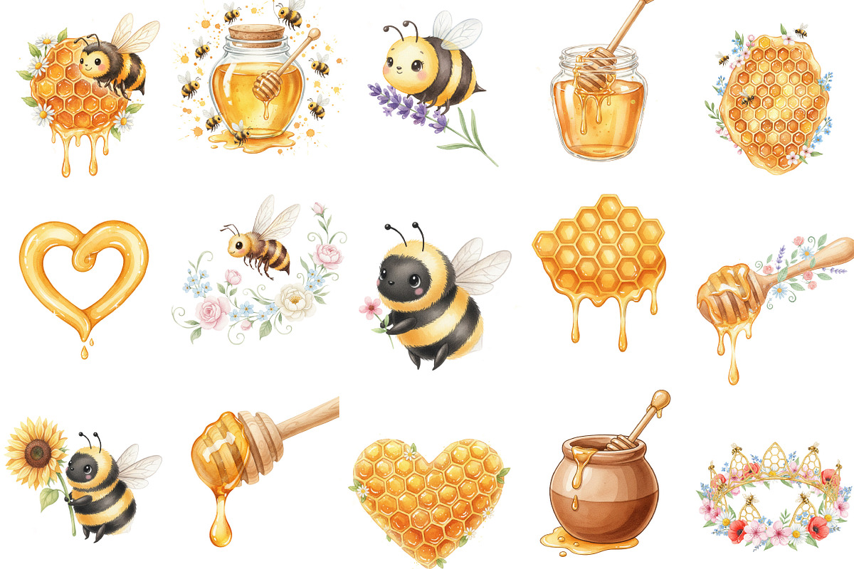 Watercolor Honey and Bee Clipart, an Illustration by Designking (Photo 3 of 5)