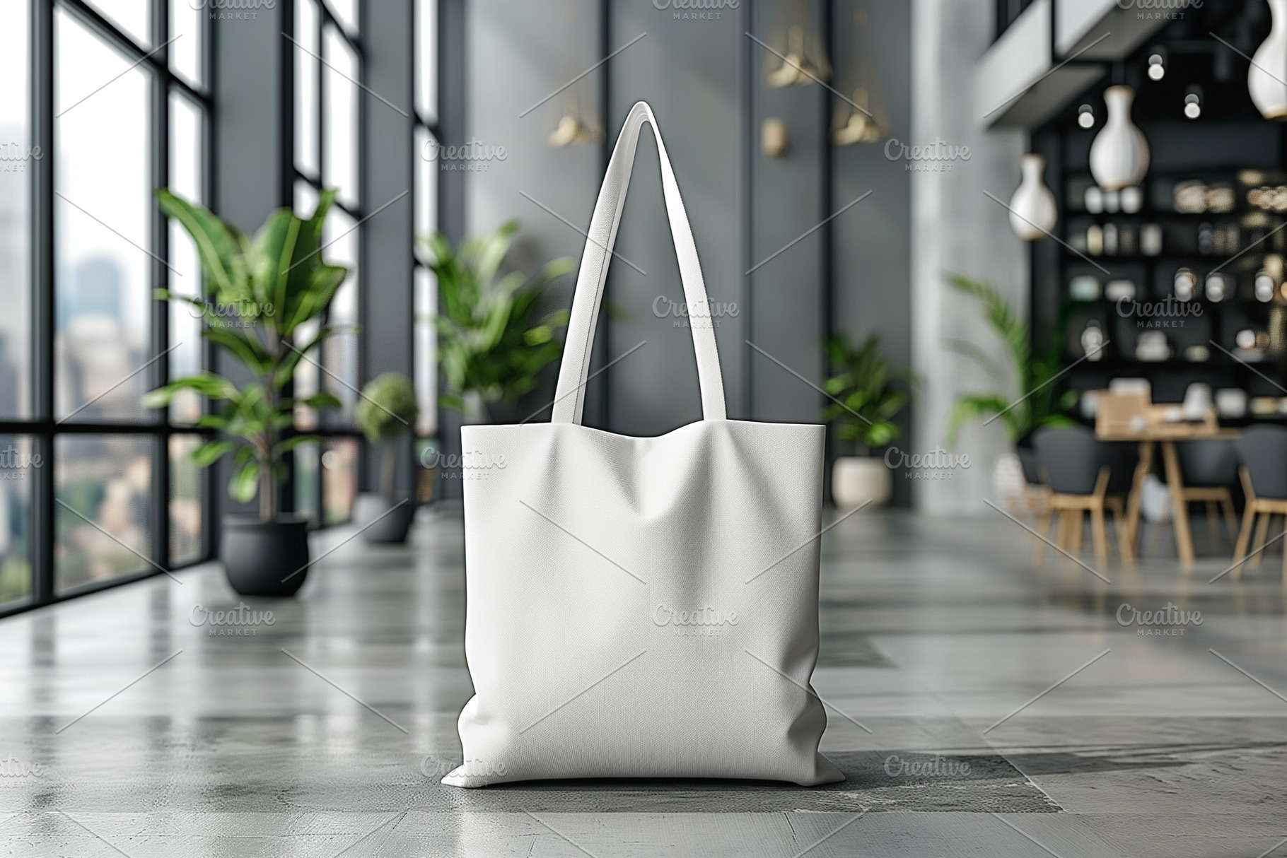 A stylish white tote bag positioned elegantly in a modern, sunlit space with gr, a Business Photo by ImageMir