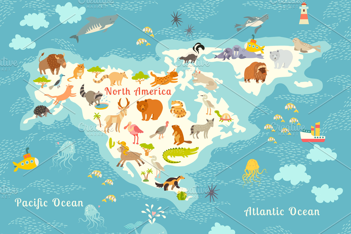 Animals world map, North America, an Animal Illustration by Rimma