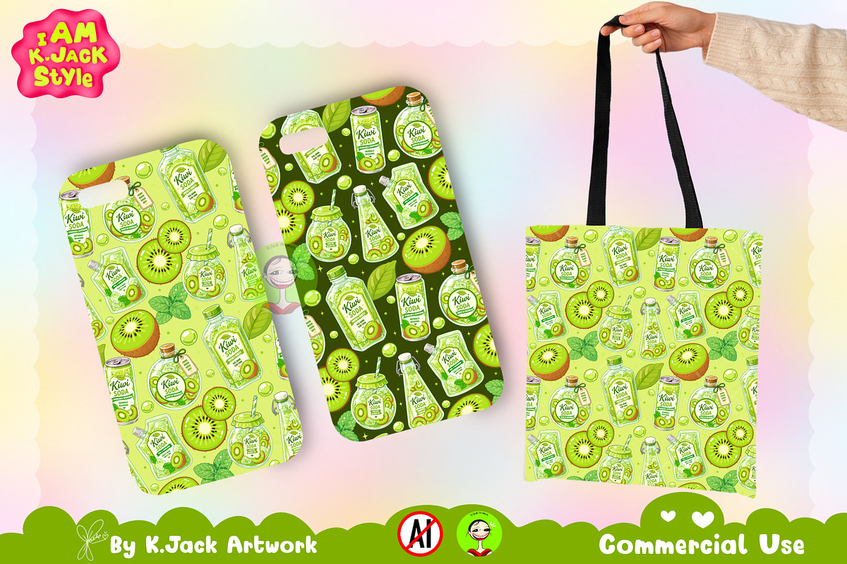 Cute Kiwi Soda Seamless Pattern, a Background Graphic by K.JackArtwork (Photo 4 of 8)