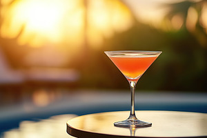 Vibrant martini cocktail sits elegantly on a table during sunset by the poolsid, a Food & Drink Photo by AlyaAnd