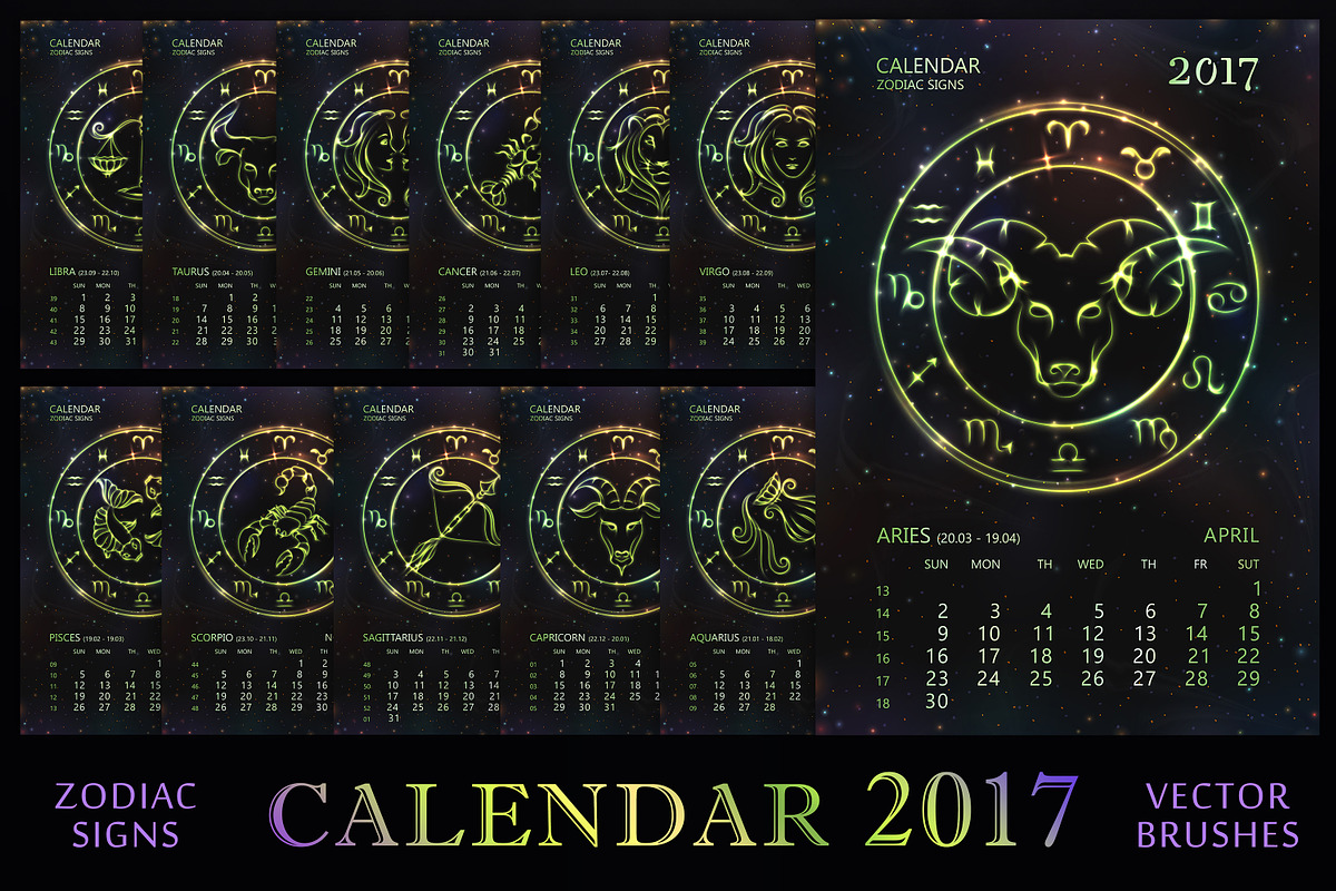 ZODIAC CALENDAR 2017 - green vector, a Texture Illustration by Nadin_Lebedeva (Photo 1 of 7)