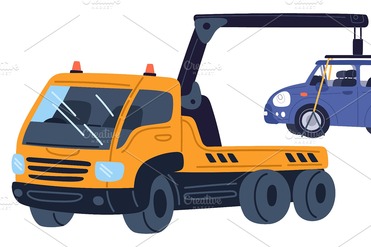 Yellow tow truck loads passenger car, a Transportation Illustration by Vectorbuum (Photo 3 of 3)