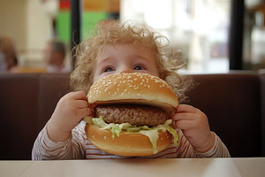 Boy enjoys oversized burger in busy, a Photo by Iftikhar Alam