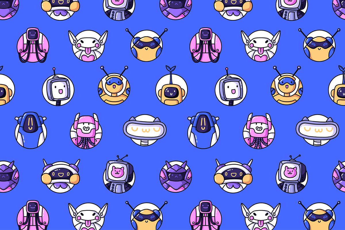Funny robot avatars set + pattern, a Technology Illustration by PaperTrident (Photo 4 of 4)