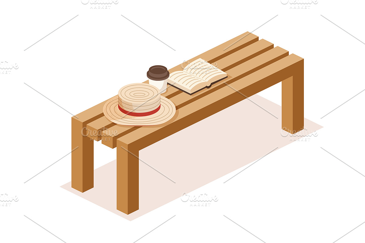 Isometric wooden park bench., an Object Illustration by Booblgum