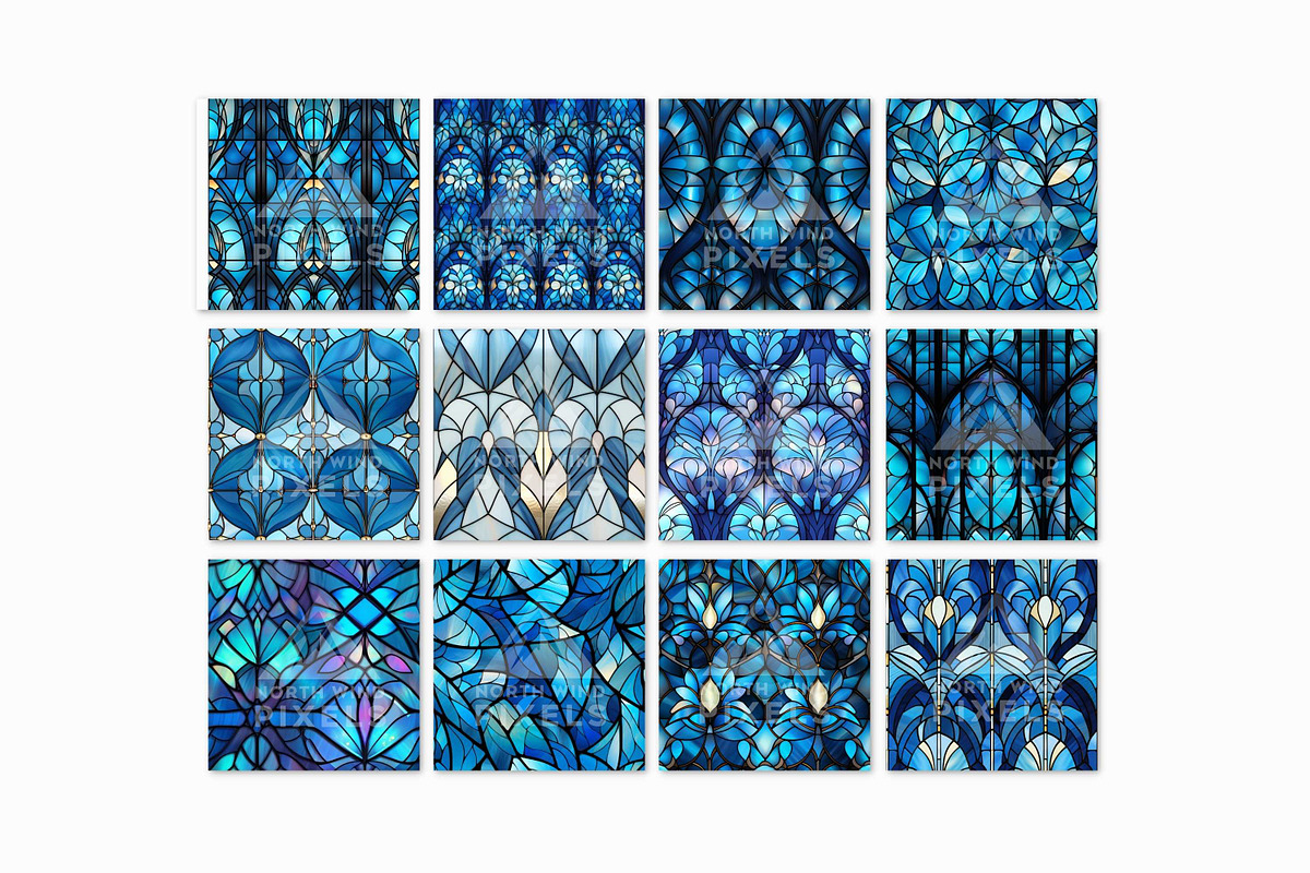 12 Blue Stained Glass Digital Papers, a Pattern Graphic by NorthWindPixels (Photo 2 of 4)
