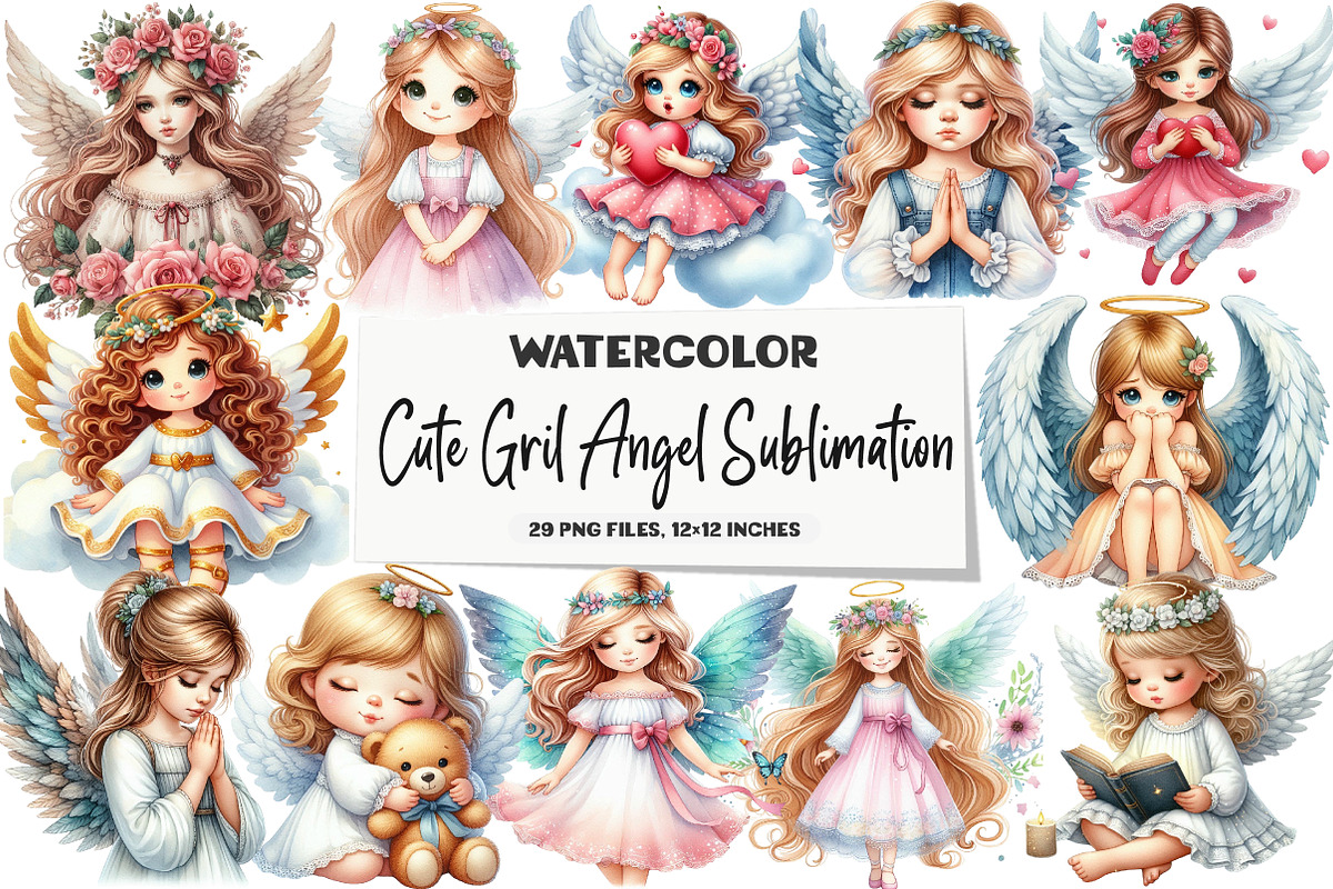 Cute Gril Angel Sublimation Clipart, an Illustration by DreamArtGraphic (Photo 1 of 7)