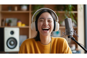 Asian female podcaster wearing, a Technology Photo by Sergey Kotenev
